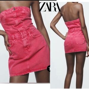 Zara pink denim Jean strapless mini dress Barbie Sz M